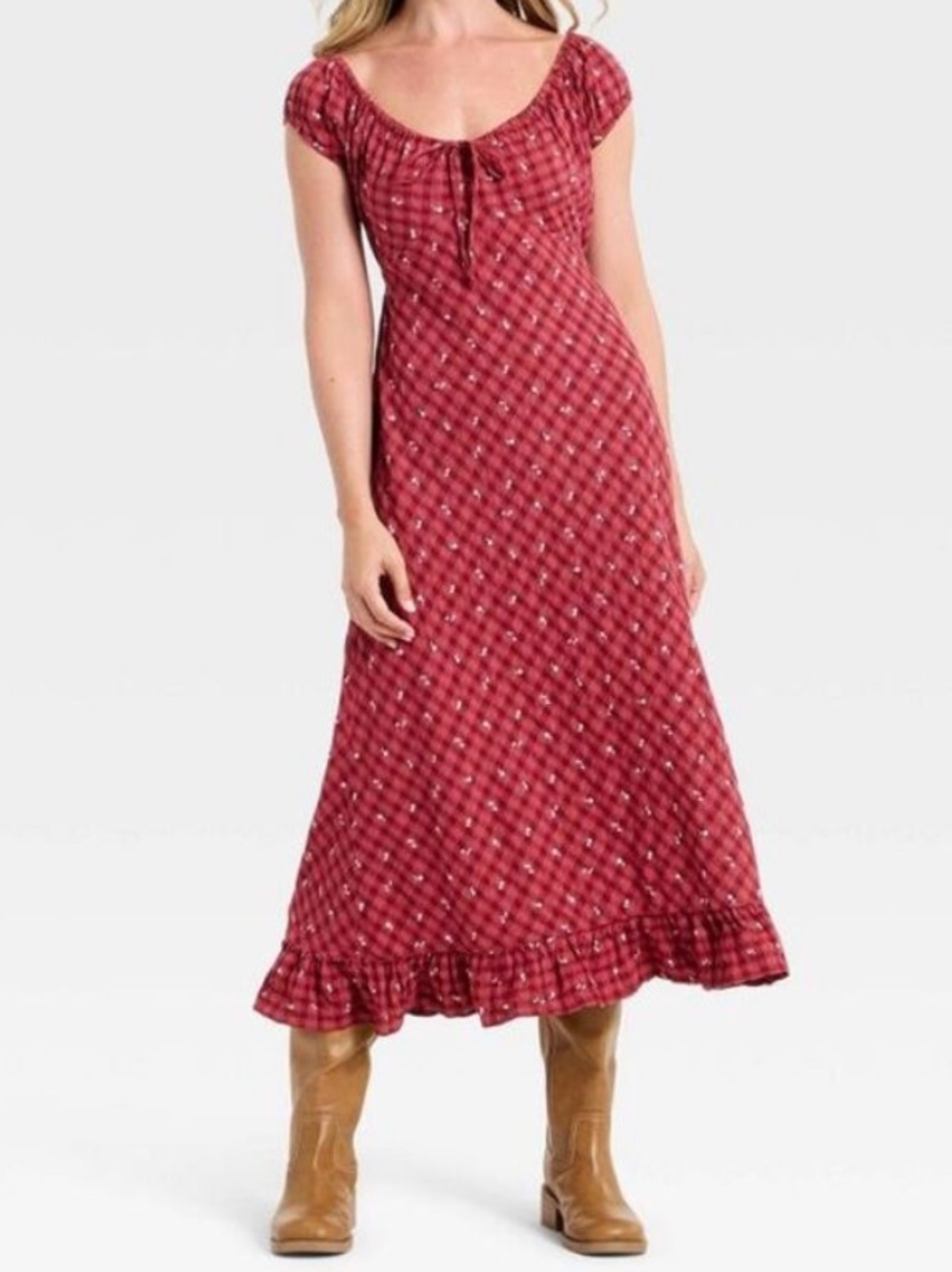 Universal Thread Puff Short Sleeve Maxi Sundress in Red Floral Size Large NWT